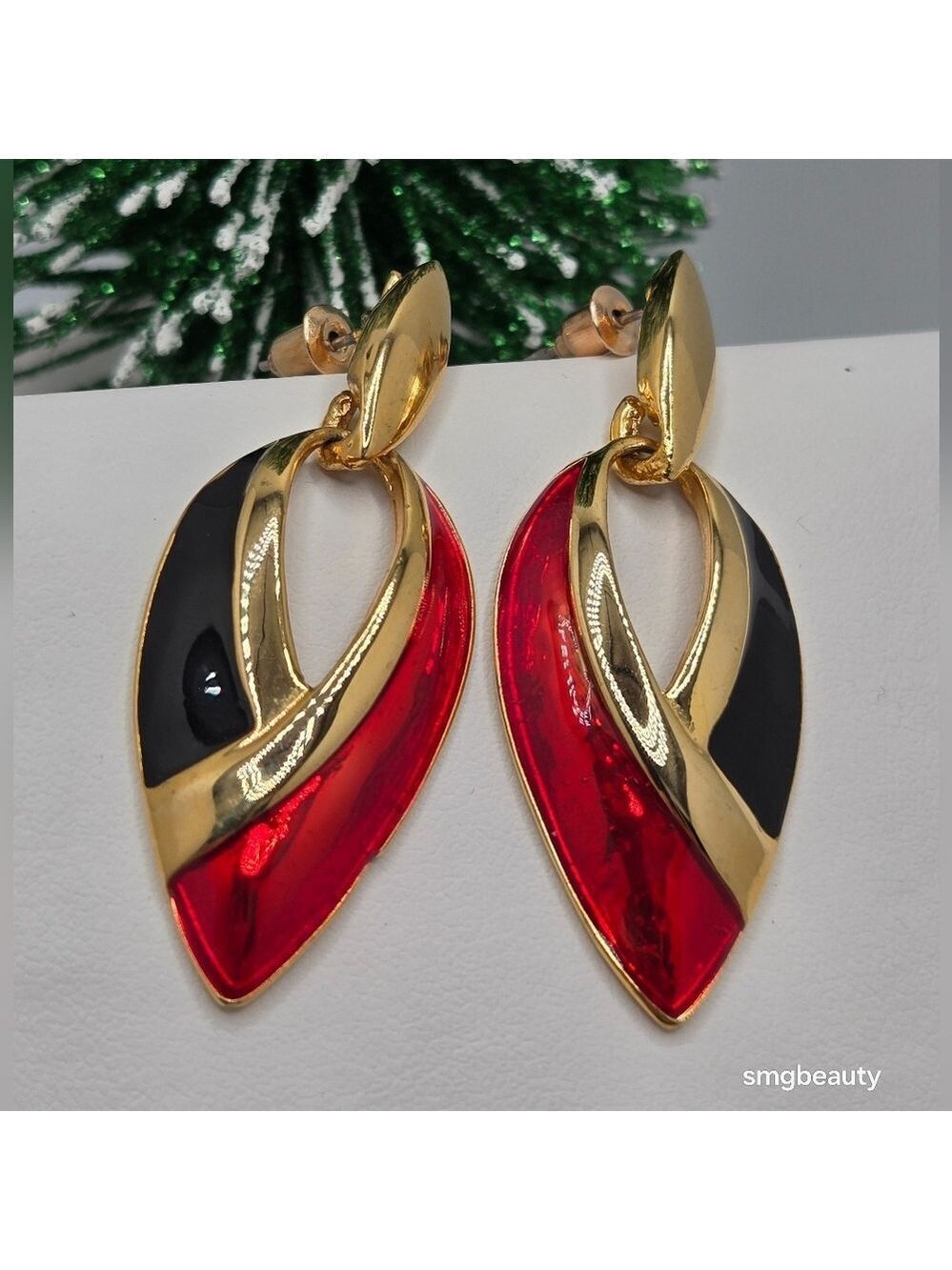 Vintage 80s Couture Black & Red Enamel Earrings Gold Tone